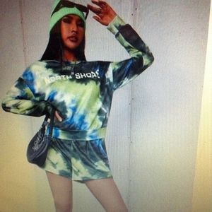 SHEIN Green & Blue Tie-Dye Sweatshirt and Shorts Set